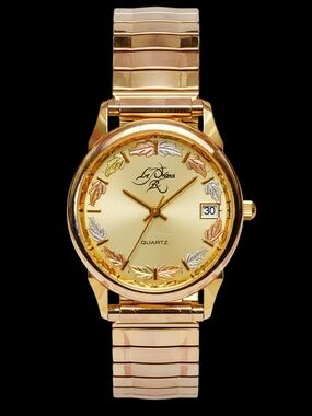 Men's LeMann Black Hills Gold Watch With 12 Gold Leaves Golden Expansion Band